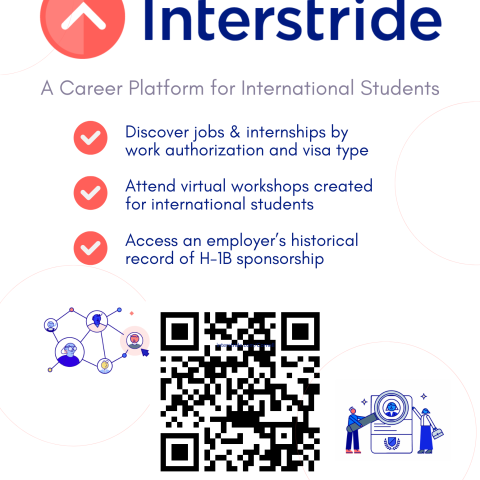 Graphic explaining what Interstride is with a QR code leading to interstride.com/cornell  